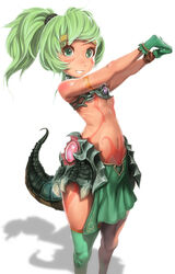  breasts dragon_girl feet_out_of_frame female gloves green_eyes green_hair headband interlocked_fingers kichin_yarou midriff no_lineart original ponytail shadow simple_background single_thighhigh small_breasts solo stretching tail thighhighs underboob white_background 