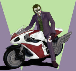  1boy bad_id bad_pixiv_id batman_(series) card crossover cyclone_(kamen_rider) dc_comics green_hair grin harley_quinn joker_(dc) joker_(playing_card) kamen_rider kamen_rider_w kuronosu_(flyingcircus) male_focus motor_vehicle motorcycle parody playing_card pun smile solo the_dark_knight 