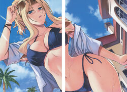  bikini blonde_hair blue_eyes breasts day elizabeth_mayberry female freezing_(series) highres kim_kwang_hyun large_breasts outdoors ponytail side-tie_bikini_bottom solo string_bikini sunglasses swimsuit 