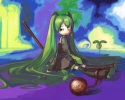  :x ball_and_chain_restraint clover detached_sleeves female green_eyes green_hair hatsune_miku long_hair myu_(neorosi) necktie one_eye_closed sitting solo thighhighs twintails very_long_hair vocaloid 