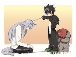  3boys animal_costume animal_ears black_hair bow bowing cat_costume costume fox_ears grey_hair head_down hiei_(yu_yu_hakusho) kurama_(yu_yu_hakusho) male_focus multiple_boys parody red_hair tail toujou_sakana youko_kurama yu_yu_hakusho 