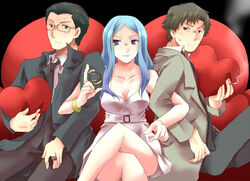  2boys ban_jiu blue_eyes blue_hair breasts cigarette cleavage commentary_request crossed_legs dress female heart higashi_no_eden jewelry kondou_yuusei kuroha_diana_shiratori large_breasts locked_arms long_hair mononobe_daiju multiple_boys ring sitting 