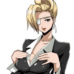  blonde_hair breasts chiisan cleavage commentary_request earrings eyepatch female formal jaggy_lines jewelry lowres mature_(kof) medium_breasts oekaki solo the_king_of_fighters 