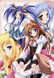  4girls absurdres animal_ears bell blonde_hair blue_hair blush flower hair_ribbon highres jingle_bell kawai_ameri kisaragi_mifuyu long_hair mito_mashiro moekibara_fumitake multiple_girls pantyhose plaid plaid_skirt purple_eyes purple_hair purple_thighhighs ribbon rose short_hair skirt tail takanashi_yumina tayutama thighhighs very_long_hair yellow_eyes 