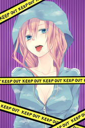  bad_id bad_pixiv_id blue_eyes breasts caution_tape chiyu_(silverxxxx) commentary female hood hoodie keep_out long_hair medium_breasts megurine_luka open_mouth piercing pink_hair solo tongue tongue_piercing vocaloid 