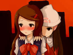  2girls alternate_costume beanie black_hair blush brown_eyes brown_hair commentary_request dawn_(pokemon) empty_eyes hair_in_own_mouth hat lass_(pokemon) monono_hazumi multiple_girls pinky_out pokemon pokemon_dppt pokemon_platinum scarf school_uniform winter_clothes you_gonna_get_raped 