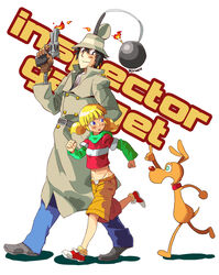  black_hair blonde_hair blue_eyes bomb brain_(inspector_gadget) canine coat collar commentary_request cyborg explosive family female fire gadget gloves green_eyes groin gun hat highres inspector_gadget konjoe lolicon midriff navel open_mouth penny_(inspector_gadget) photoshop_(medium) short_twintails shorts smile trench_coat twintails weapon 