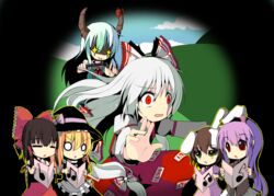  +_+ 6+girls =_= animal_ears blonde_hair caved_(touhou) chibi commentary_request ex-keine fujiwara_no_mokou hakurei_reimu hat horns inaba_tewi kamishirasawa_keine kirisame_marisa long_hair mimi-moon multiple_girls o_o rabbit_ears reisen_udongein_inaba ribbon touhou you_gonna_get_raped 