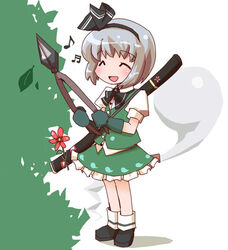  ^_^ bad_id bad_pixiv_id chibi closed_eyes female flower gardening_shears hedge_trimmer hitodama houroku konpaku_youmu konpaku_youmu_(ghost) lowres musical_note solo sword touhou weapon 