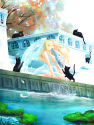  bad_id bad_pixiv_id black_cat_(elona) blonde_hair breasts ehekatl_of_luck elona feathers feline female fish medium_breasts nohiro_(hayah) water wings 