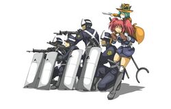  2girls 4boys bad_id bad_pixiv_id ballistic_shield blue_eyes boots cosplay green_eyes green_hair gun h&amp;k_mp5 hat heckler_&amp;_koch highres jitte junkei lupin_iii multiple_boys multiple_girls onozuka_komachi police police_uniform policeman red_hair riot_police shield shield_wall shiki_eiki short_hair submachine_gun touhou two_side_up uniform visor_(armor) weapon zenigata_kouichi zenigata_kouichi_(cosplay) 