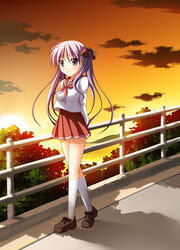  bad_id bad_pixiv_id blue_eyes female hair_ribbon hiiragi_kagami long_hair long_legs lucky_star photoshop_(medium) pleated_skirt purple_hair ribbon ryouou_school_uniform school_uniform serafuku skirt sky smile solo sunset tsuda_akira tsurime twintails 