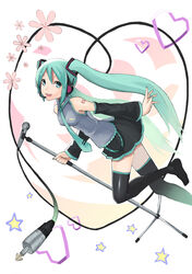  akagi_kiyo aqua_eyes aqua_hair bad_id bad_pixiv_id boots cable detached_sleeves dutch_angle female flower hatsune_miku headset heart long_hair microphone microphone_stand necktie skirt solo standing standing_on_one_leg star_(symbol) thighhighs twintails very_long_hair vocaloid zettai_ryouiki 