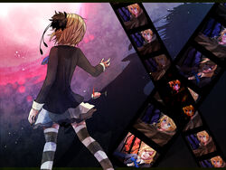  back blonde_hair commentary_request female flower glare_(vocaloid) hair_flower hair_ornament kagamine_rin night short_hair skirt solo striped_clothes striped_thighhighs thighhighs ui_(rot) vocaloid zettai_ryouiki 