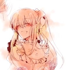  bad_id bad_pixiv_id blush closed_eyes dress female frills happy long_hair monochrome open_mouth pandora_hearts pink_theme ponytail puffy_sleeves ruru_(yuzu812) sharon_rainsworth sketch smile upper_body 