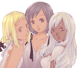  3girls ashelia_b&#039;nargin_dalmasca blonde_hair braid brown_eyes brown_hair commentary_request dark-skinned_female dark_skin final_fantasy final_fantasy_xii fran_(ff12) grey_eyes grey_hair hair_ribbon kei_sakura looking_at_viewer medium_hair multiple_girls open_mouth penelo photoshop_(medium) ribbon shirt short_hair white_hair white_shirt 