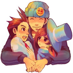  2boys ^_^ alternate_costume apollo_justice apollo_justice:_ace_attorney blue_hat blush brown_hair cape closed_eyes earrings facial_hair female goatee_stubble gyakuten_saiban hands hat hug jewelry kobashi lowres multiple_boys naruhodou_ryuuichi necktie smile smiley_face stubble sweat top_hat trucy_wright 