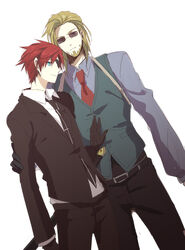  2boys alternate_costume aotsuki_ren asbel_lhant asbel_lhant_(eyepatch_+_black_suit) bad_id bad_pixiv_id beard belt blonde_hair blue_eyes brown_hair dutch_angle eyepatch facial_hair formal goatee male_focus malik_caesars malik_caesars_(detective_suit) multiple_boys necktie official_alternate_costume suit sunglasses sword tales_of_(series) tales_of_graces waistcoat weapon yaoi 