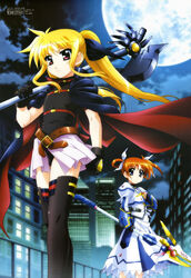  2girls absurdres bardiche_(axe_form)_(nanoha) bardiche_(nanoha) belt belt_buckle black_gloves black_leotard blonde_hair bow brown_hair buckle building cape city cloud fate_testarossa fate_testarossa_(movie_1st_form) gloves hairbow hashimoto_takayoshi highres holding holding_weapon imageboard_desourced leotard long_hair lyrical_nanoha magical_girl mahou_shoujo_lyrical_nanoha mahou_shoujo_lyrical_nanoha_the_movie_1st megami_magazine moon multiple_girls night non-web_source official_art outdoors purple_eyes raising_heart raising_heart_(cannon_mode) red_eyes short_hair showgirl_skirt sky standing takamachi_nanoha takamachi_nanoha_(movie_1st_mode) thighhighs twintails weapon 