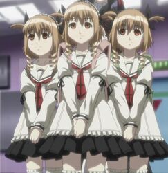  3girls anime_screenshot armband brown_hair coyote_ragtime_show diesse drill_hair flat_chest hair_ribbon hairband highres jpeg_artifacts lineup lolicon lolita_hairband multiple_girls necktie nove_(coyote_ragtime_show) oct pleated_skirt red_eyes ribbon school_uniform serafuku short_hair short_twintails siblings sisters skirt smile standing stitched thighhighs third-party_edit triplets twin_drills twintails white_thighhighs zettai_ryouiki 