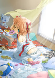  alarm_clock barefoot bed bird blonde_hair blue_eyes cake clock commentary_request creamer_(vessel) curtains doughnut dutch_angle female food food_in_mouth indoors kamikita_komari light_rays little_busters! little_busters!_school_uniform lolicon mouth_hold one_eye_closed pajamas panties pastry penguin plaid plaid_skirt school_uniform short_hair sitting skirt soles solo striped_clothes striped_panties sunbeam sunlight tea_set underwear waha_(artist) wariza window 