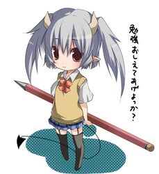  :3 bad_id bad_pixiv_id chibi copyright_request demon_girl demon_tail female garter_straps horns kosumo oversized_object pencil pointy_ears school_uniform skirt solo sweater_vest tail thighhighs twintails wooden_pencil 