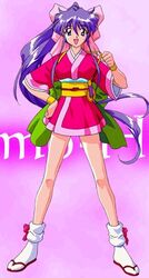  bow dancing_blade female japanese_clothes kimono lowres momohime_(dancing_blade) ribbon sandals shoes solo sword weapon 