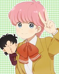  1980s_(style) 1boy :3 ^_^ bad_id bad_pixiv_id black_hair blue_eyes bow checkered chibi closed_eyes female gakuran high_school!_kimengumi ichidou_rei kawa_yui mini_person miniboy mosuko open_mouth pink_hair retro_artstyle school_uniform short_hair smile v 