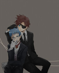  2boys alternate_costume asbel_lhant asbel_lhant_(eyepatch_+_black_suit) blue_eyes blue_hair brothers brown_hair commentary_request eyepatch glasses grey_background hubert_ozwell hubert_ozwell_(butler_suit) ishizue_ei male_focus multiple_boys official_alternate_costume siblings tales_of_(series) tales_of_graces tuxedo 