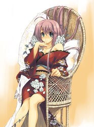  bad_id bad_pixiv_id bare_shoulders chair female flower green_eyes harukanaru_toki_no_naka_de harukanaru_toki_no_naka_de_3 japanese_clothes kasuga_nozomi kimono long_hair pink_hair red_kimono sitting solo trough_shell 