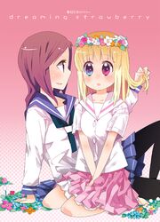  2girls arm_support bad_id bad_pixiv_id blonde_hair blush brown_eyes brown_hair crown flower fukuji_mihoko head_wreath heterochromia kazekoshi_school_uniform kiyosumi_school_uniform knee_up kuma_jet long_hair multiple_girls pantyhose pink_skirt saki_(manga) school_uniform seiza serafuku sitting skirt takei_hisa yuri 