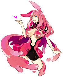  animal_ears blue_eyes blush blush_stickers breasts commentary female large_breasts melona_(queen&#039;s_blade) monster_girl photoshop_(medium) pink_hair prehensile_hair protean_assassin_melona queen&#039;s_blade rabbit_ears revealing_clothes slime_girl solo starshadowmagician 