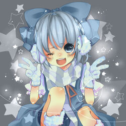  blue_eyes blue_hair bow cirno commentary_request earmuffs female gloves hairbow mata one_eye_closed open_mouth short_hair smile solo star_(symbol) symbol-shaped_pupils touhou v 