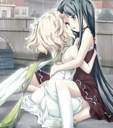  2girls angelina_rocca belle_(katahane) bow closed_eyes curly_hair dress fue_(tsuzuku) green_scarf hair_ribbon hairbow holding hug katahane long_hair multiple_girls open_mouth rain ribbon scarf short_hair very_long_hair yuri 