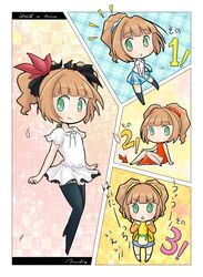  brown_hair chibi china_dress chinese_clothes commentary_request dress female green_eyes hair_ribbon highres idolmaster idolmaster_(classic) maiko_(yoshida308) ponytail ribbon rough_time_school_(idolmaster) school_uniform short_hair skirt takatsuki_yayoi thighhighs twintails vocaloid world_is_mine_(vocaloid) 