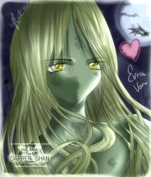  1boy colored_skin evra_von green_eyes green_hair green_skin heart long_hair lowres moon scales snake the_saga_of_darren_shan upper_body 