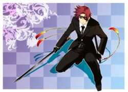  1boy alternate_costume asbel_lhant asbel_lhant_(eyepatch_+_black_suit) bad_id bad_pixiv_id blue_eyes brown_hair checkered_background eyepatch male_focus official_alternate_costume solo sword tales_of_(series) tales_of_graces tktg tuxedo weapon 