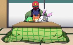  1boy bad_id bad_pixiv_id devil_neko indoors kn96 kotatsu male_focus mask p-chan_kai sunred table tentai_senshi_sunred under_kotatsu under_the_table usakotsu 