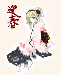  blonde_hair blue_eyes blush digital_media_player female floral_print flower from_side full_body hair_flower hair_ornament halftone halftone_background headphones japanese_clothes kimono long_sleeves new_year no_shoes obi original pink_background pink_kimono sash sitting smile solo tabi tamaki_fuyu white_legwear wide_sleeves 