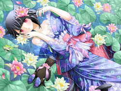  animal_ears bare_shoulders black_hair blue_kimono blush bow cat_ears cat_tail commentary_request crown female floral_print floral_print_sash flower frog hair_flower hair_ornament japanese_clothes kanzaki_miku kimono kuroinu lace lily_pad obi off_shoulder original pink_flower purple_eyes ribbon sash solo stuffed_animal stuffed_toy tail tail_bow tail_ornament tail_ribbon teddy_bear water water_lily_flower white_flower 