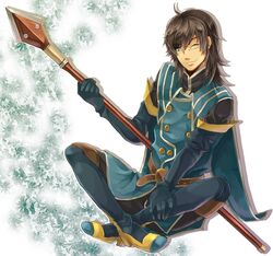  1boy black_hair blue_eyes brown_hair commentary_request cosplay elbow_gloves gloves jade_curtiss jade_curtiss_(cosplay) janis_(hainegom) long_hair male_focus one_eye_closed polearm raven_(tales) smile solo spear tales_of_(series) tales_of_the_abyss tales_of_vesperia weapon 