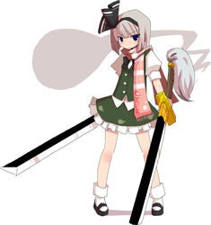  commentary_request dual_wielding female grey_hair hitodama holding houroku konpaku_youmu konpaku_youmu_(ghost) scarf solo sword touhou weapon 