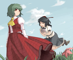  2girls ariori_haberi ascot bad_id bad_pixiv_id closed_eyes cloud day dutch_angle flower flying geta grass green_hair hat highres kazami_yuuka multiple_girls nervous plaid plaid_skirt plaid_vest puffy_sleeves red_eyes shameimaru_aya short_hair skirt skirt_set sky tengu-geta tokin_hat touhou vest 