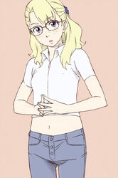  blonde_hair blue_eyes commentary_request denim female flat_color freckles glasses jeans midriff navel original pants ponytail sawa_jaaji simple_background solo steepled_fingers 