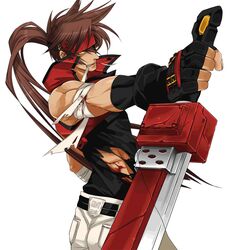  1boy bandages brown_hair commentary_request fireseal gloves guilty_gear headband injury kyouhei long_hair male_focus muscular sol_badguy solo sword torn_clothes weapon yellow_eyes 