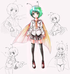  antennae bad_id bad_pixiv_id cape dress_shirt dressing female green_eyes green_hair matsukaze881 multiple_views panties photoshop_(medium) pleated_skirt shirt short_hair sketch skirt striped_clothes striped_panties thighhighs touhou underwear wriggle_nightbug zettai_ryouiki 