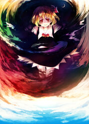  blonde_hair chinchickrin colorful commentary_request crescent darkness female frills highres outstretched_arms photoshop_(medium) red_eyes rumia short_hair sky smirk solo spread_arms touhou 