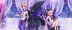  1boy asagi_(seal47) blonde_hair blue_eyes brother_and_sister bug butterfly commentary_request female grand_piano hair_ornament hairclip instrument kagamine_len kagamine_rin migikata_no_chou_(vocaloid) piano piano_bench short_hair siblings skirt twins vocaloid 