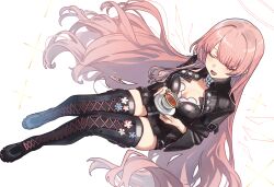  absurdres arknights black_boots black_dress black_jacket black_thighhighs blush boots breasts cleavage closed_eyes cup dress ebora energy_wings female hair_spread_out halo highres holding holding_plate jacket lemuen_(arknights) long_hair open_mouth pink_hair pink_halo pink_wings plate simple_background smile solo tea teacup teeth thigh_boots thighhighs thighs variant_set very_long_hair white_background wings 