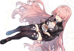  absurdres arknights black_boots black_dress black_jacket black_thighhighs blush boots breasts cleavage closed_eyes cup dress ebora energy_wings female hair_spread_out halo highres holding holding_plate jacket lemuen_(arknights) long_hair open_mouth pink_hair pink_halo pink_wings plate simple_background smile solo tea teacup teeth thigh_boots thighhighs thighs variant_set very_long_hair white_background wings 
